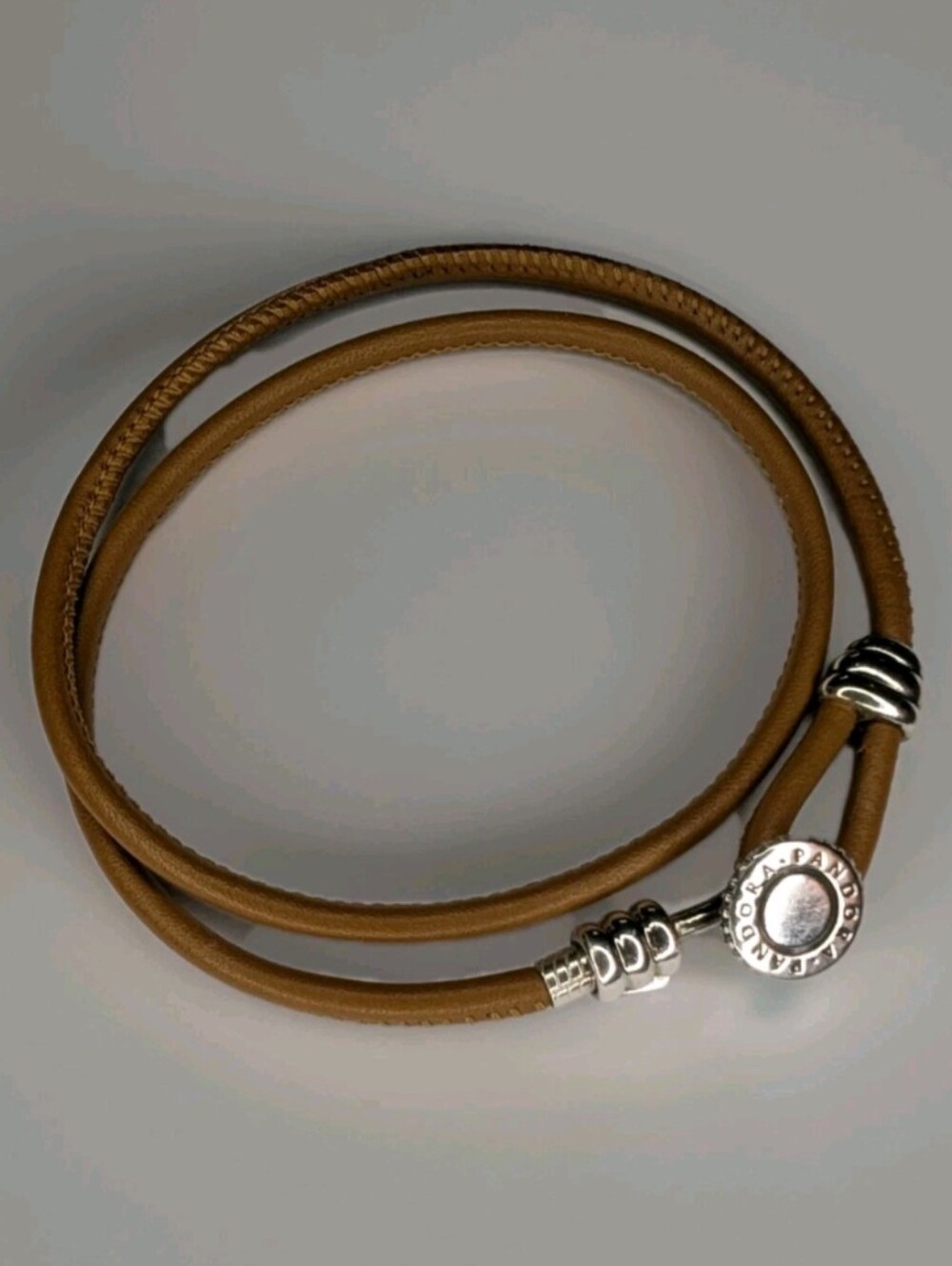 Retired Pandora Tan Leather Bracelet Sterling Silver Double Wrap Tan Leather